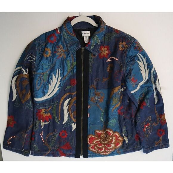 Chico's Women's Sz 2 (L/12) Multi Floral Embroidered Lined Denim Jacket $159 - Picture 10 of 15